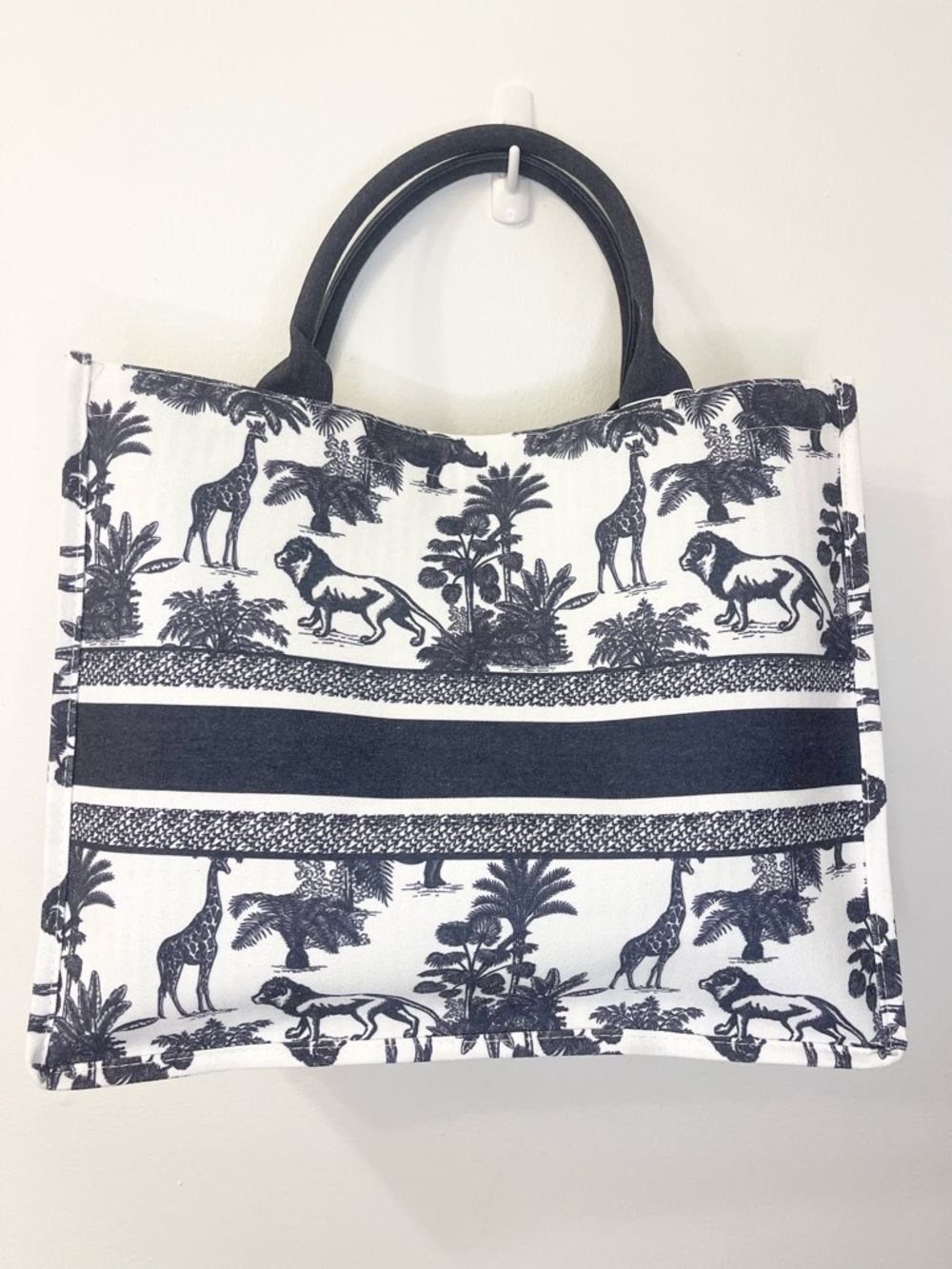 Monochrome Safari Print Tote Bag with Blue Handles